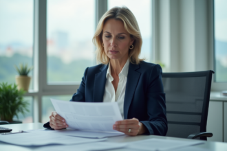 Femme d'affaires en bureau moderne avec documents financiers