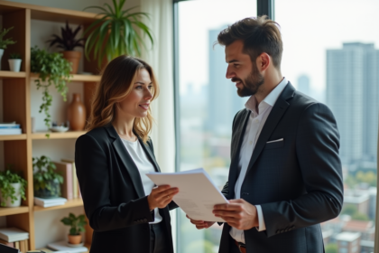 Femme d'affaires confiante discutant documents avec agent immobilier