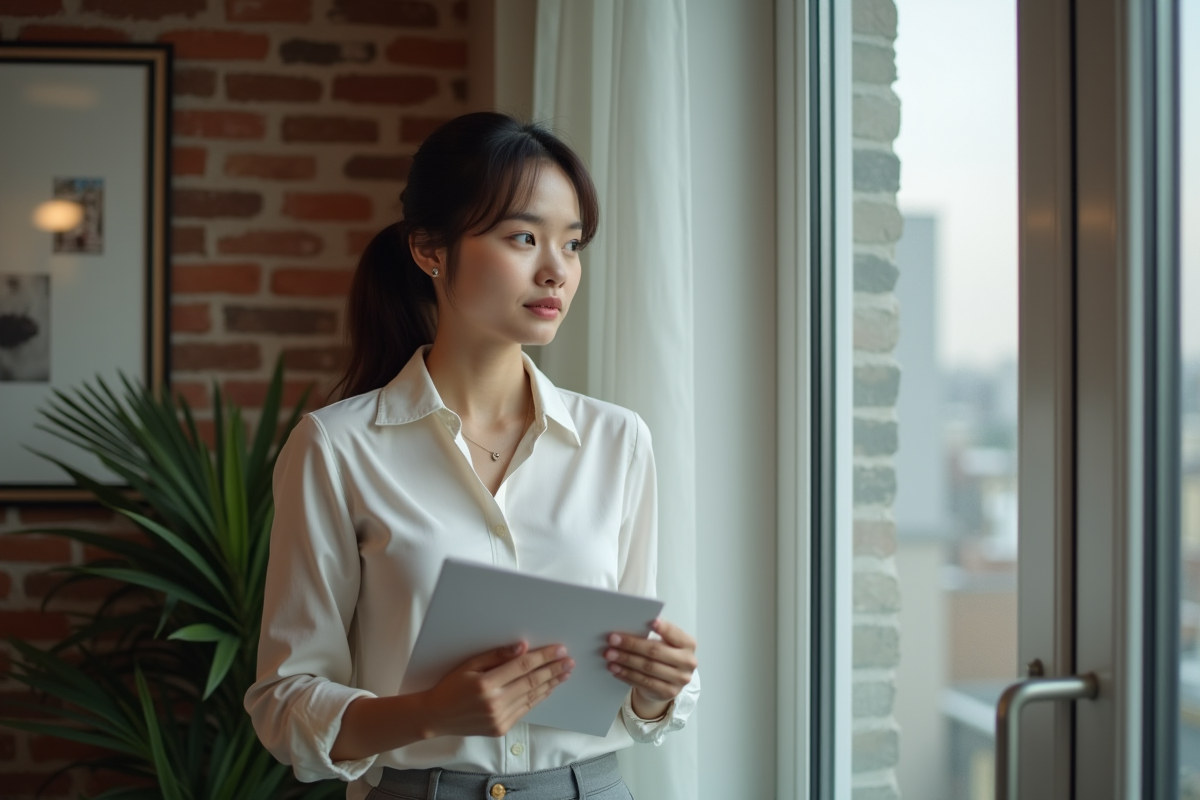 Jeune femme dans un appartement tenant une enveloppe et regardant dehors