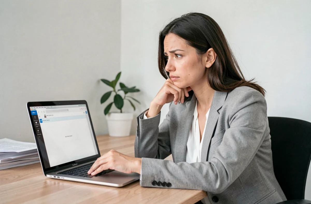 Femme frustrée devant un ordinateur portable avec une boîte mail vide, illustrant l'attente d'une réponse à une candidature sur LOC annonces