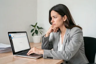 Femme frustrée devant un ordinateur portable avec une boîte mail vide, illustrant l'attente d'une réponse à une candidature sur LOC annonces