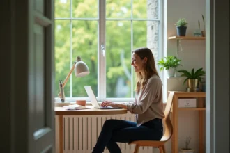 Femme souriante travaillant sur son ordinateur dans un bureau lumineux