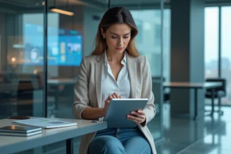 Femme professionnelle utilisant une application immobiliere futuriste