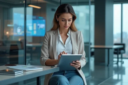 Femme professionnelle utilisant une application immobiliere futuriste