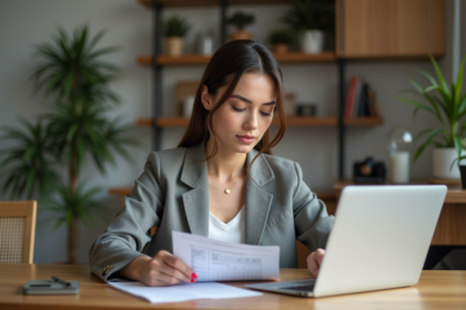 Femme calculant ses dépenses avec un ordinateur portable
