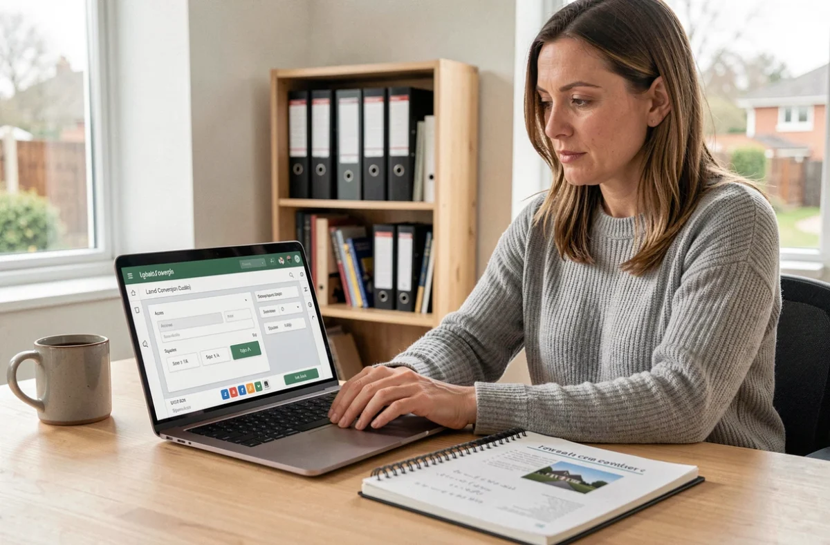 Femme consultant un calculateur de conversion acres en mètres carrés sur un ordinateur portable dans un bureau à domicile