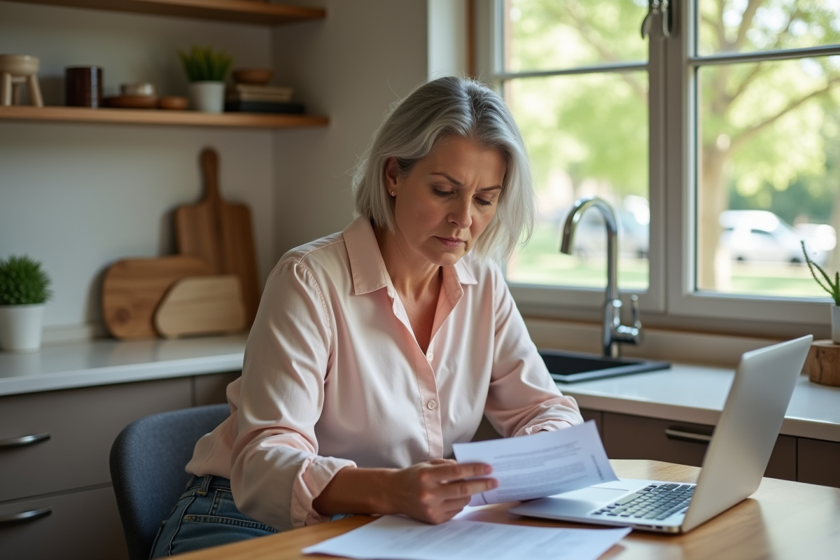Femme concentrée examinant des documents d'assurance à la maison