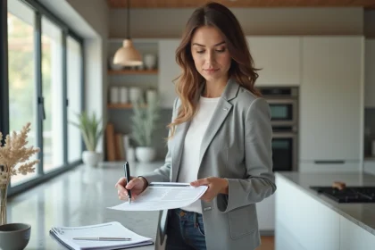 Femme consultant un contrat EDF lors d'un changement de propriétaire dans une cuisine moderne
