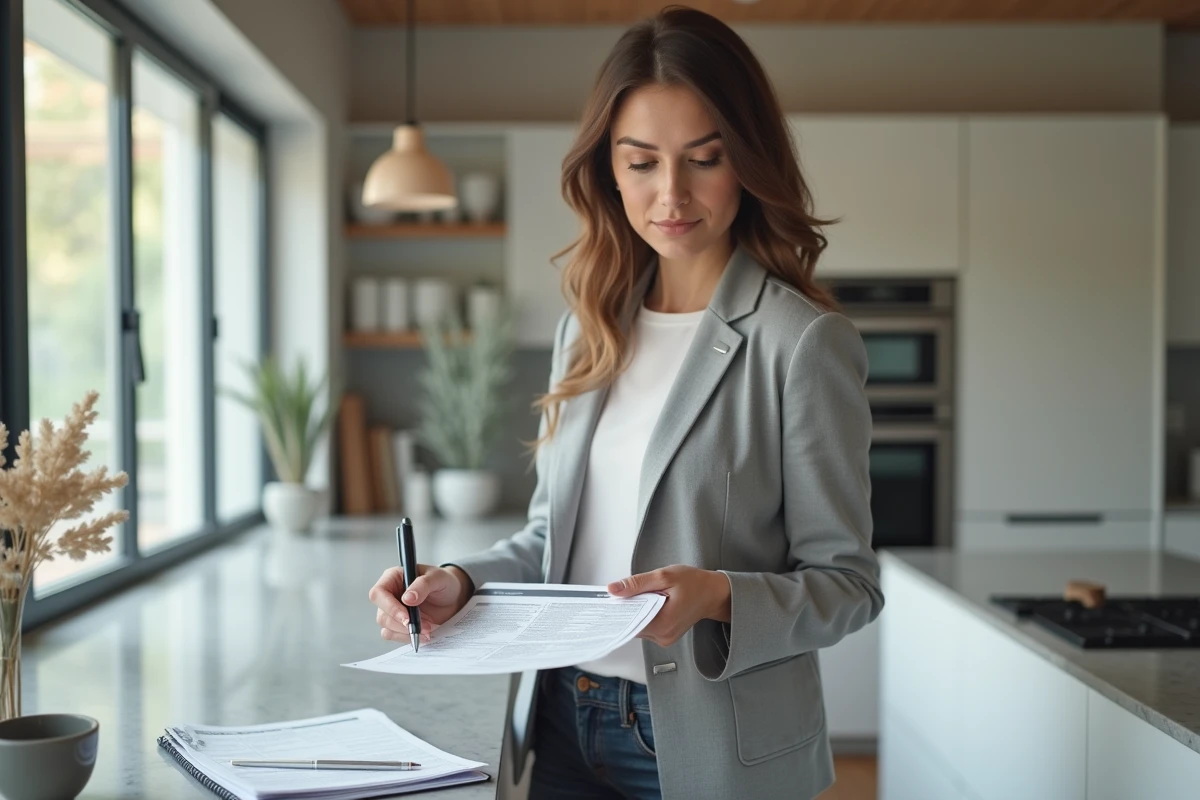 Femme consultant un contrat EDF lors d'un changement de propriétaire dans une cuisine moderne