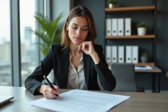 Femme professionnelle examine un contrat de location au bureau