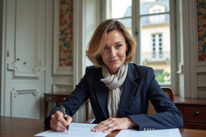 Femme élégante examine un contrat de location à Paris