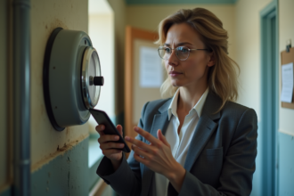 Femme contrôlant un compteur de gaz dans un appartement