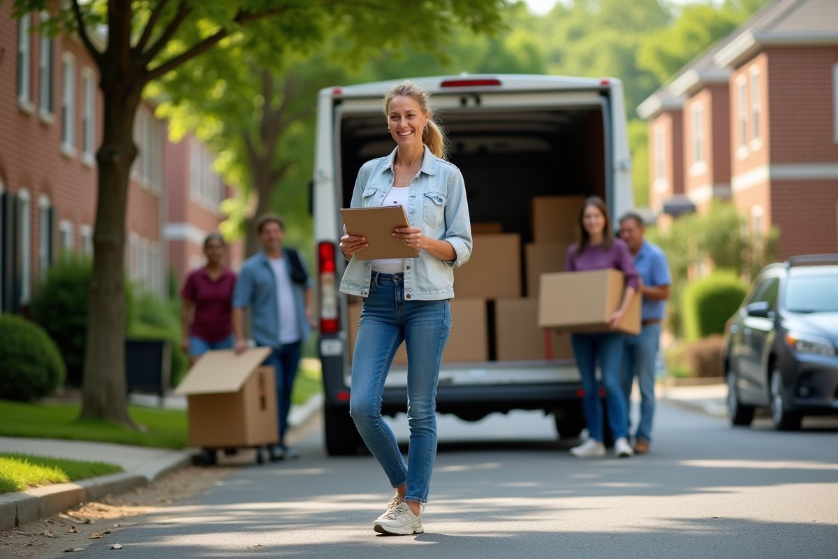 Femme vérifiant sa liste de déménagement sur une rue résidentielle