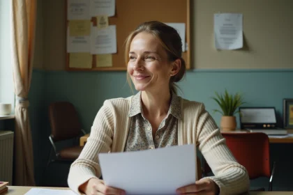 Femme d'âge moyen tenant un dossier dans un bureau modeste