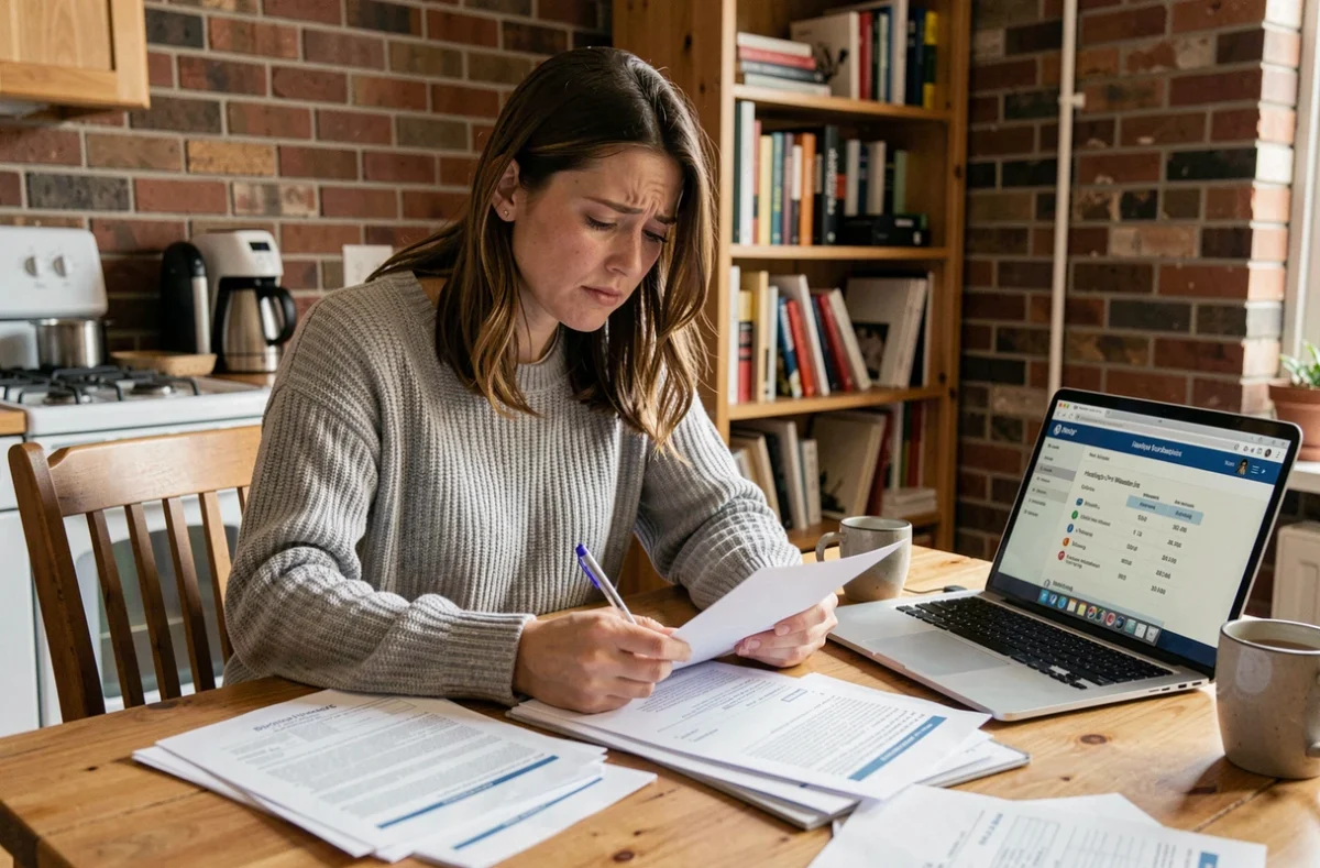 Femme consultant des documents de demande de logement social sur une table en bois dans un appartement modeste