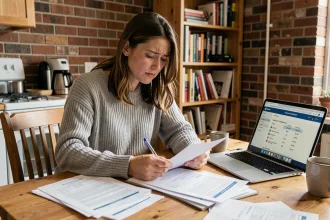 Femme consultant des documents de demande de logement social sur une table en bois dans un appartement modeste