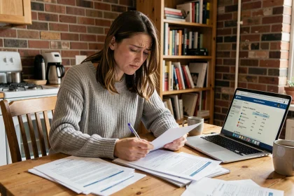 Femme consultant des documents de demande de logement social sur une table en bois dans un appartement modeste