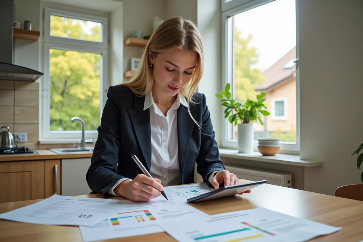 Jeune femme analysant un document DPE à la cuisine