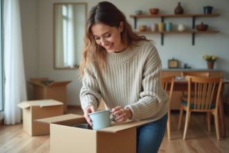 Femme emballant vaisselle dans un appartement lumineux