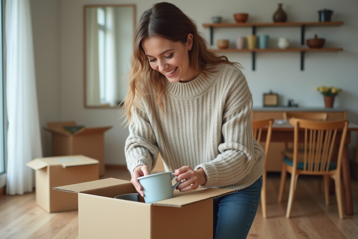 Femme emballant vaisselle dans un appartement lumineux