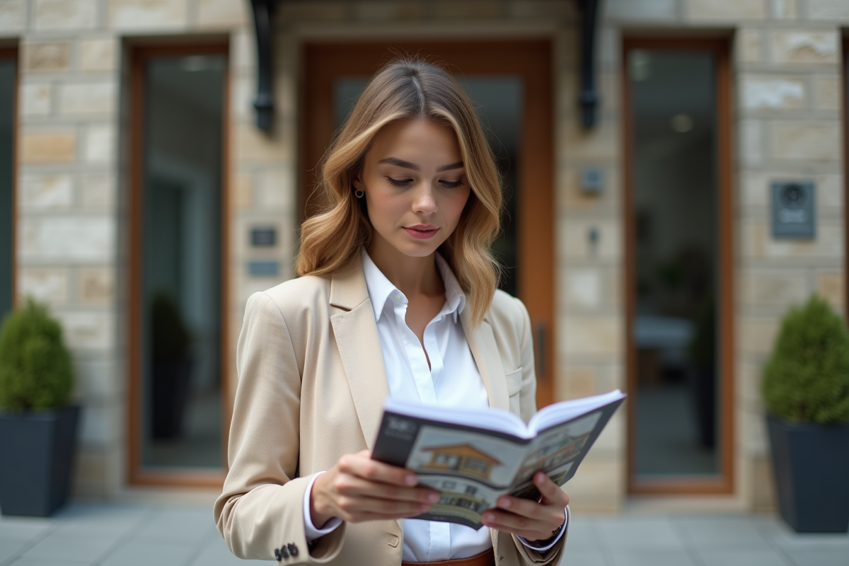 Jeune femme examinant une brochure d