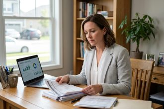 Femme consultant des documents d'estimation immobilière sur un bureau en bois pour renégocier son projet