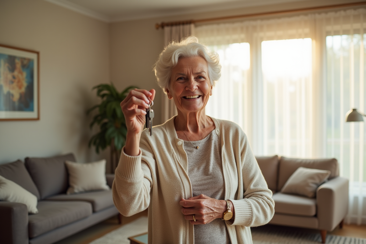 Femme âgée souriante tenant des clés dans un salon décoré