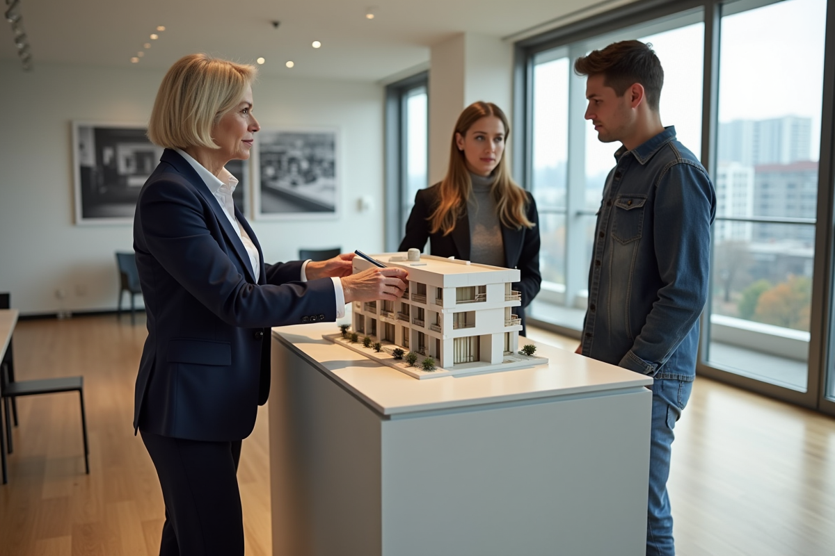 Femme expliquant un projet immobilier à un couple