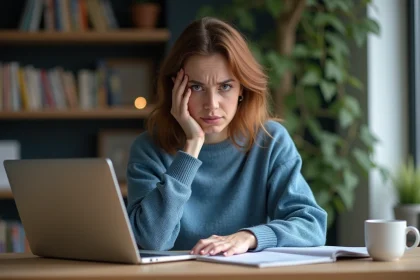Femme inquiète travaillant sur son ordinateur dans un intérieur cosy