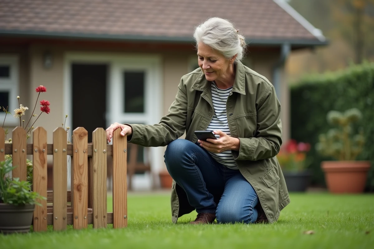 Femme inspectant une clôture dans un jardin privé