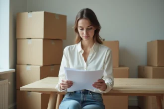 Femme lisant une lettre dans un appartement en transition