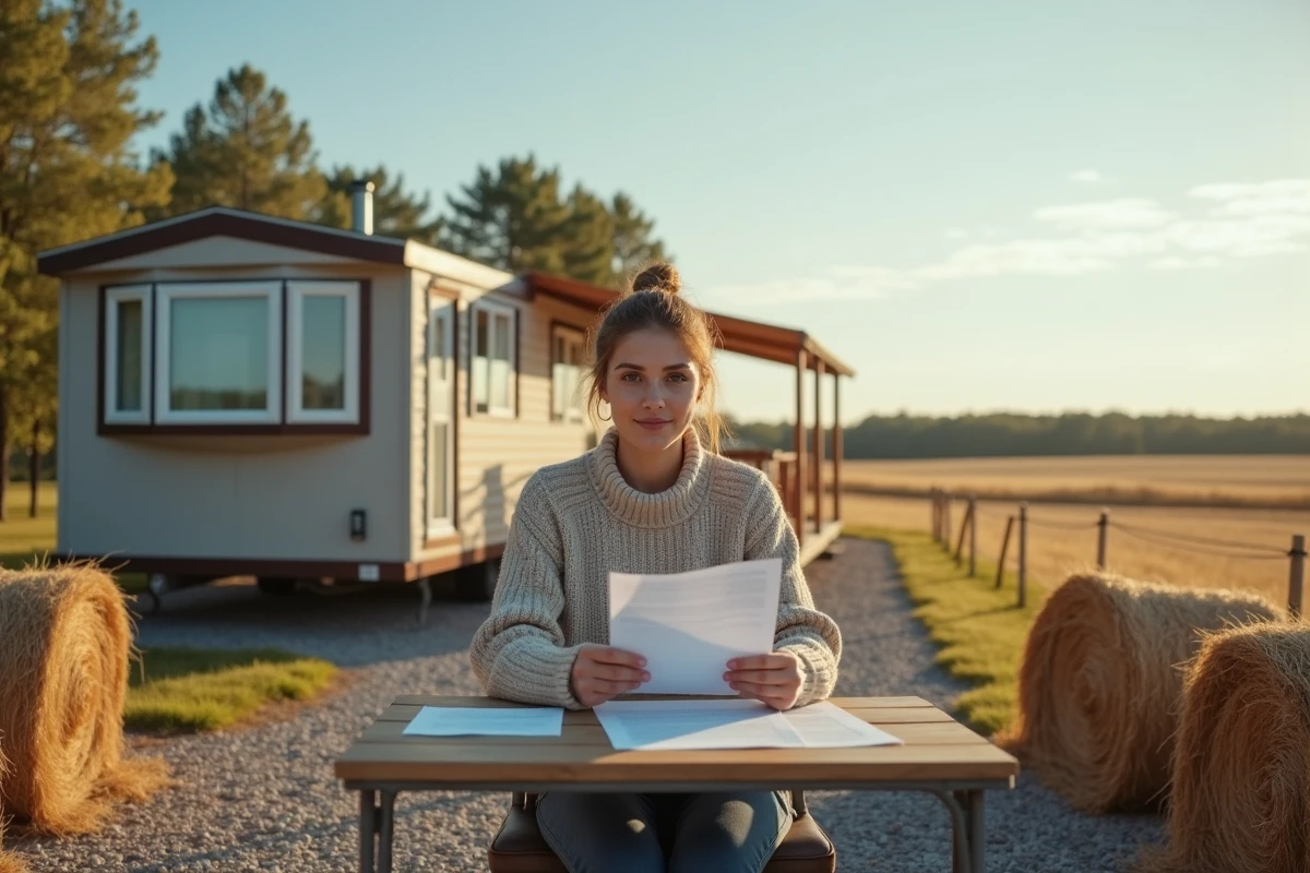 Jeune femme lisant des documents devant une maison mobile