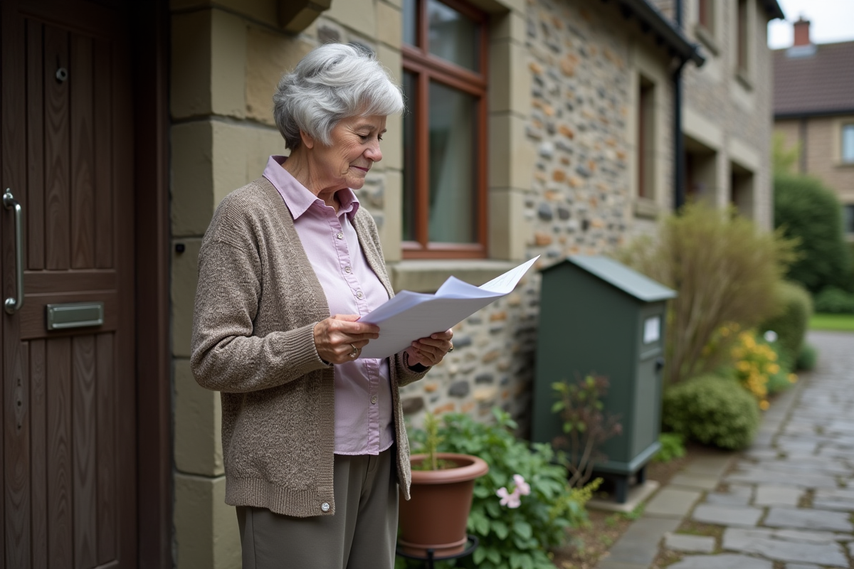 Femme senior lit une lettre devant une maison en pierre