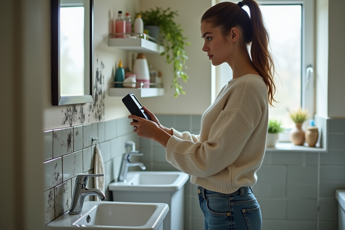 Jeune femme utilise un humidimètre dans une salle de bain