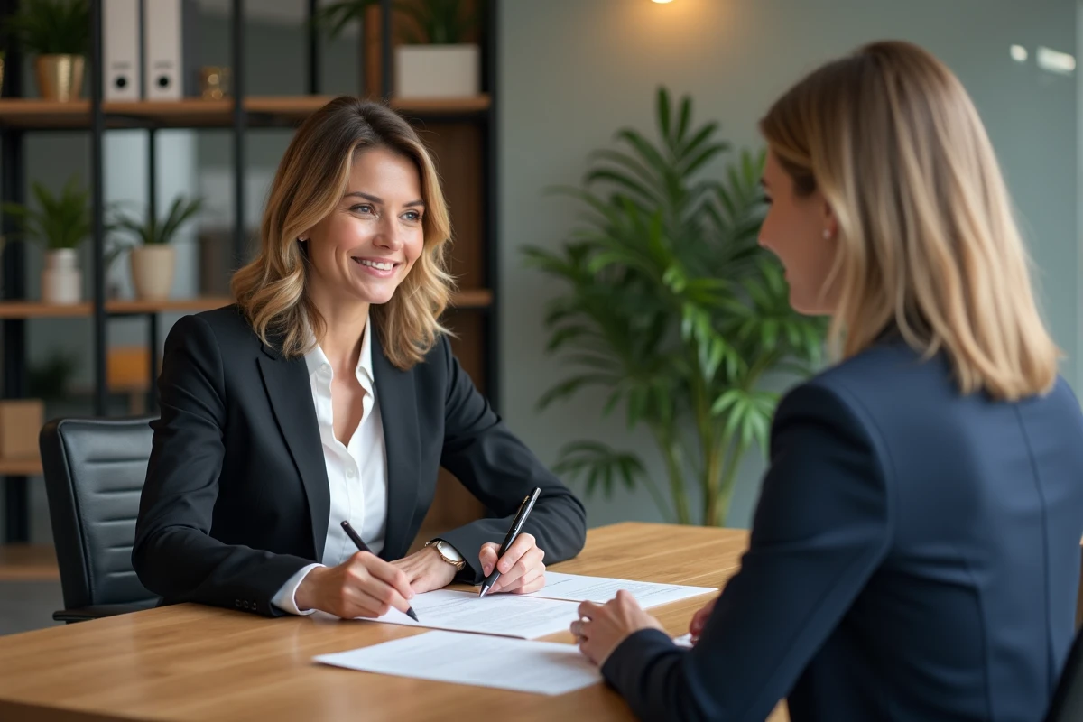 Femme professionnelle signant un document avec un notaire dans un bureau