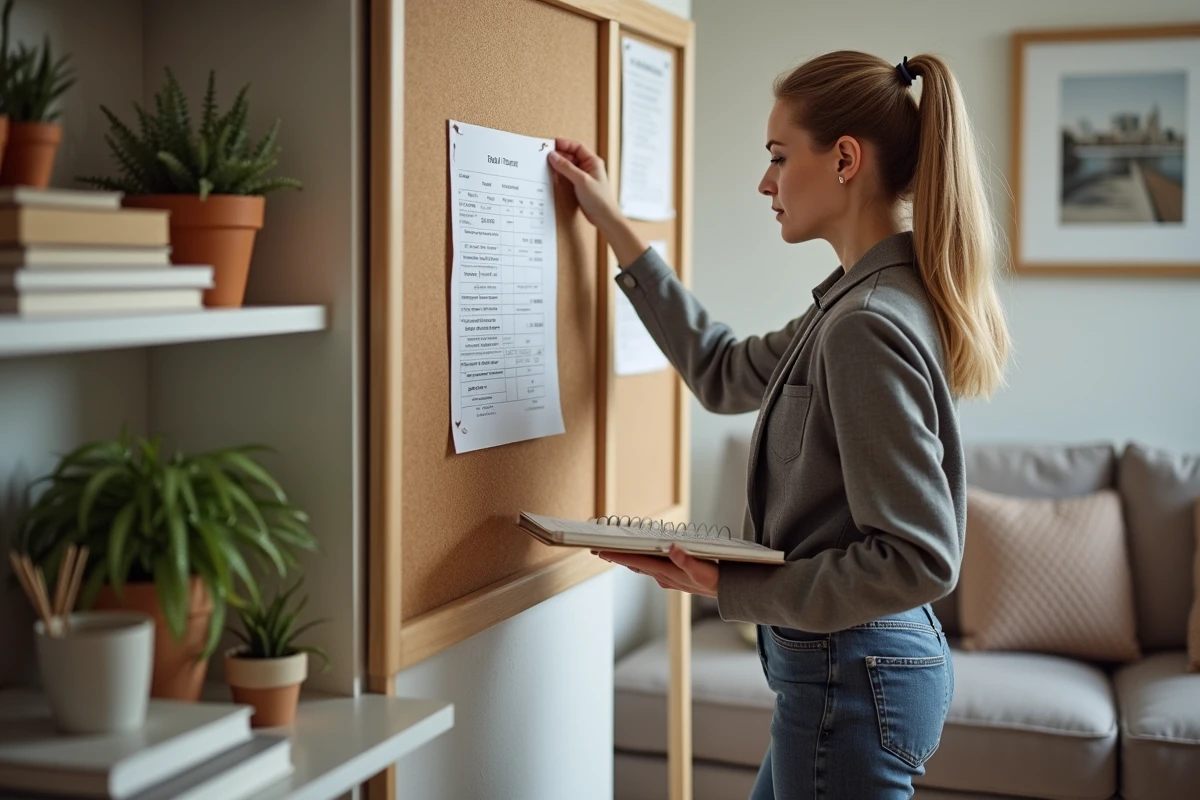 Jeune femme organise ses documents de location sur un tableau dans un salon chaleureux