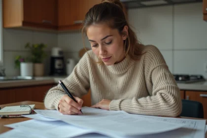 Femme de 30 ans examinant des papiers administratifs à la maison