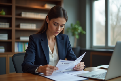 Femme professionnelle en bureau avec documents SCI et emprunt
