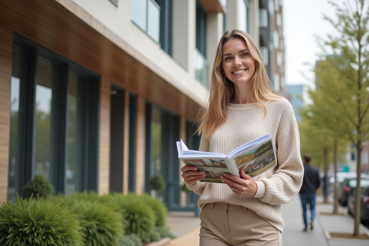 Jeune femme marchant devant un immeuble moderne avec brochures immobilières