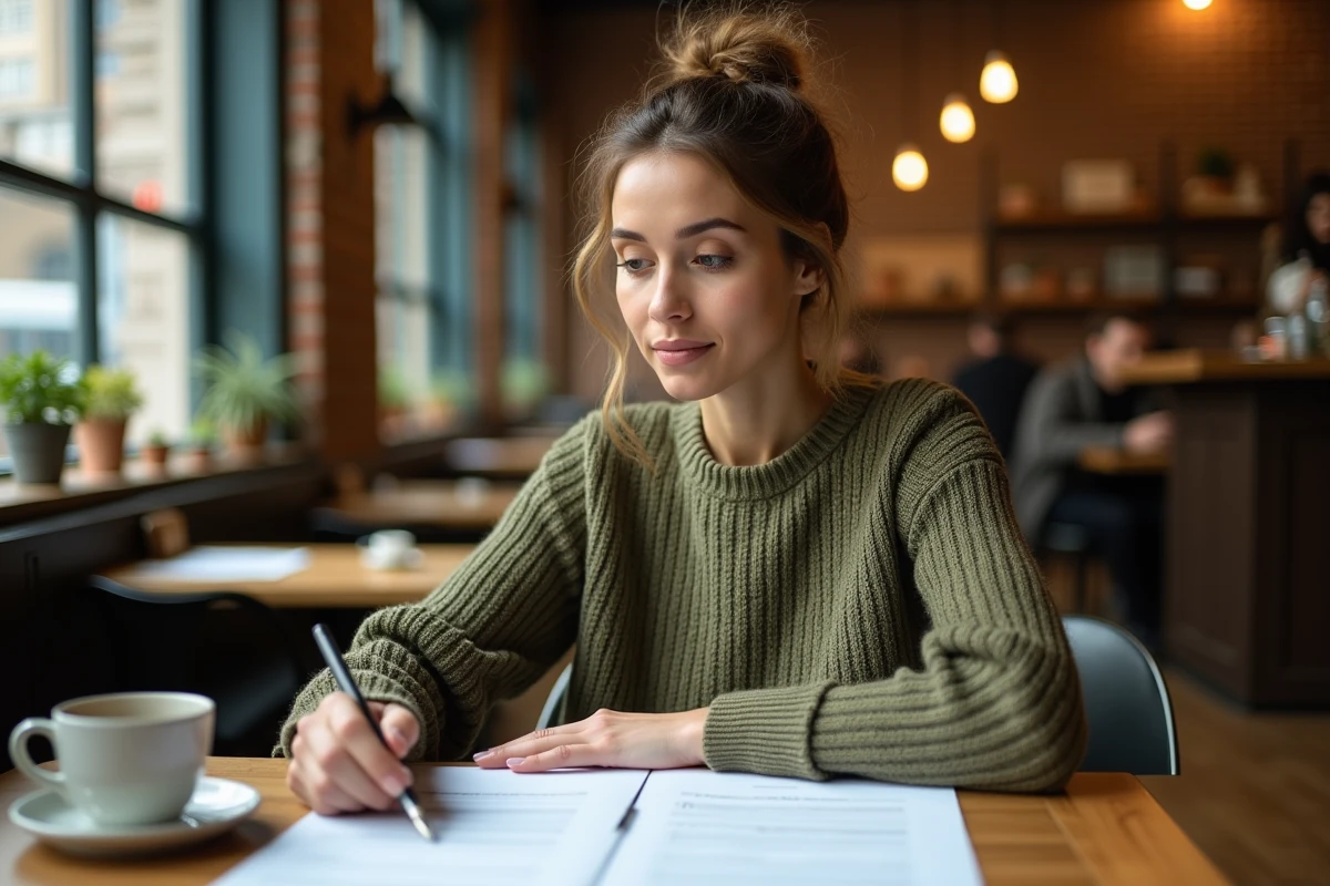 Femme en reconversion professionnelle analysant ses documents de bilan de compétences dans un café urbain calme