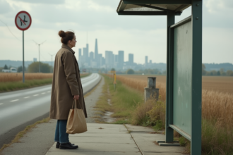 Femme rurale à un arrêt de bus avec paysage champêtre