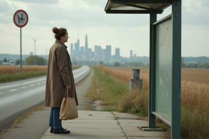 Femme rurale à un arrêt de bus avec paysage champêtre