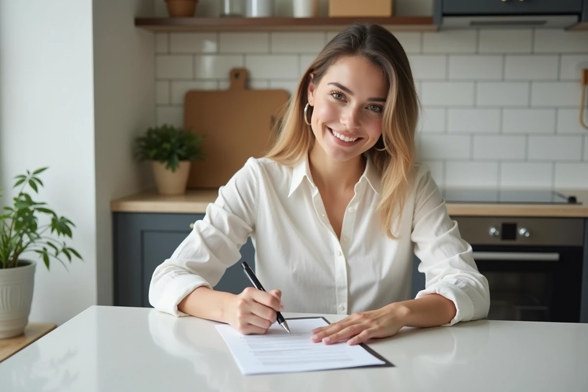Jeune femme signant un contrat de vente dans sa nouvelle appartement