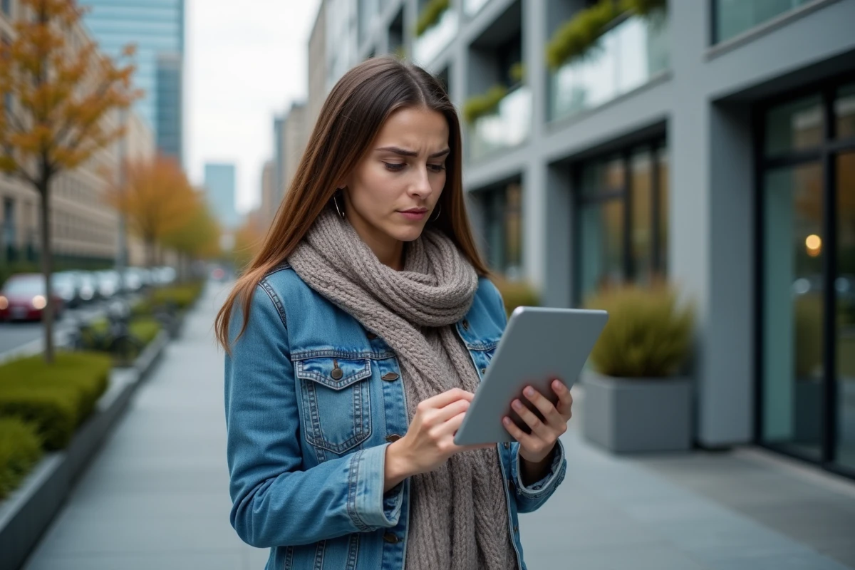 Jeune femme frustrée utilisant une tablette devant un immeuble moderne