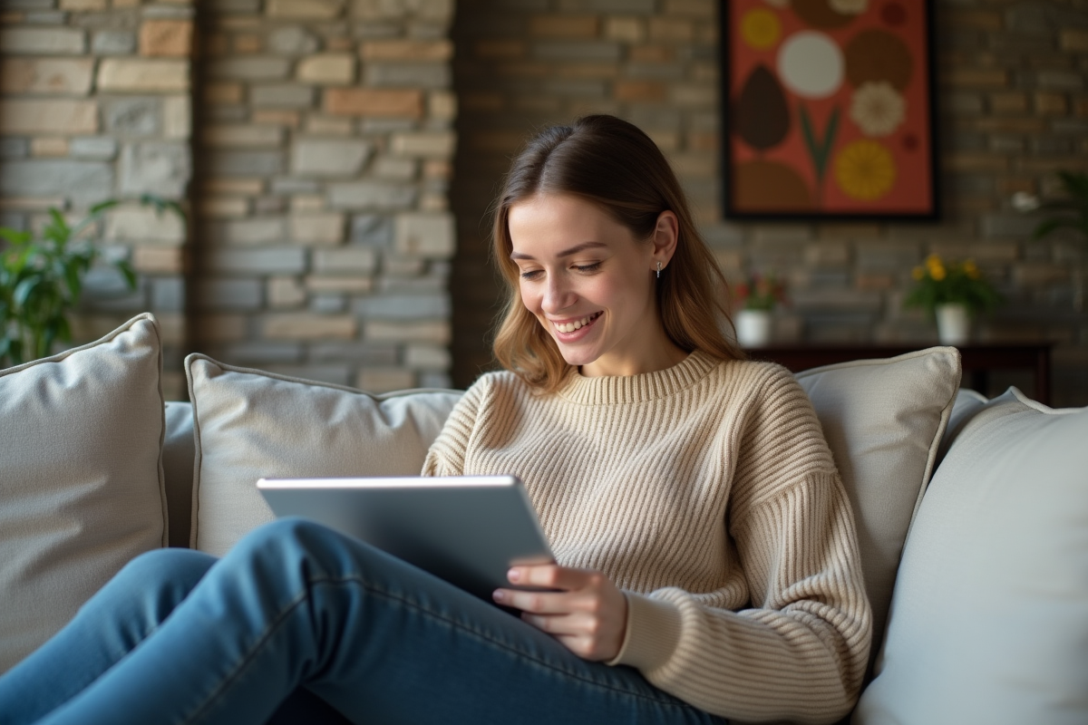 Femme assise sur un canapé vérifiant ses documents fiscaux sur une tablette