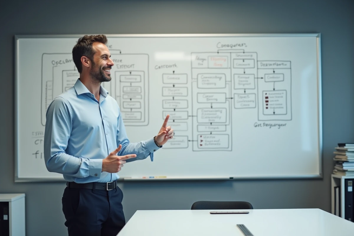 Formateur en reconversion professionnelle présentant un plan de carrière structuré sur un tableau blanc en salle de formation