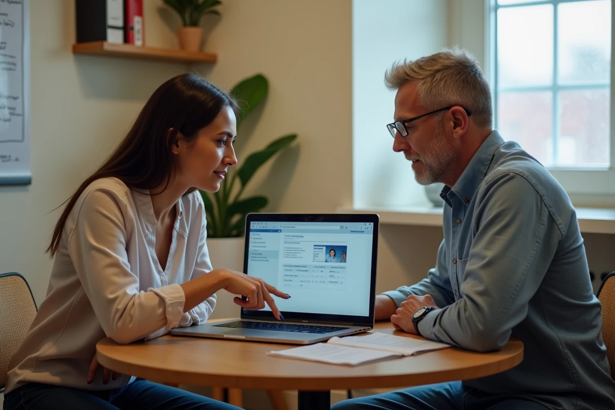 Travailleuse sociale débutante apprenant un logiciel de suivi avec un collègue expérimenté