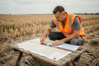 Géomètre professionnel mesurant une carte foncière dans un champ agricole pour illustrer la conversion d'acres en mètres carrés