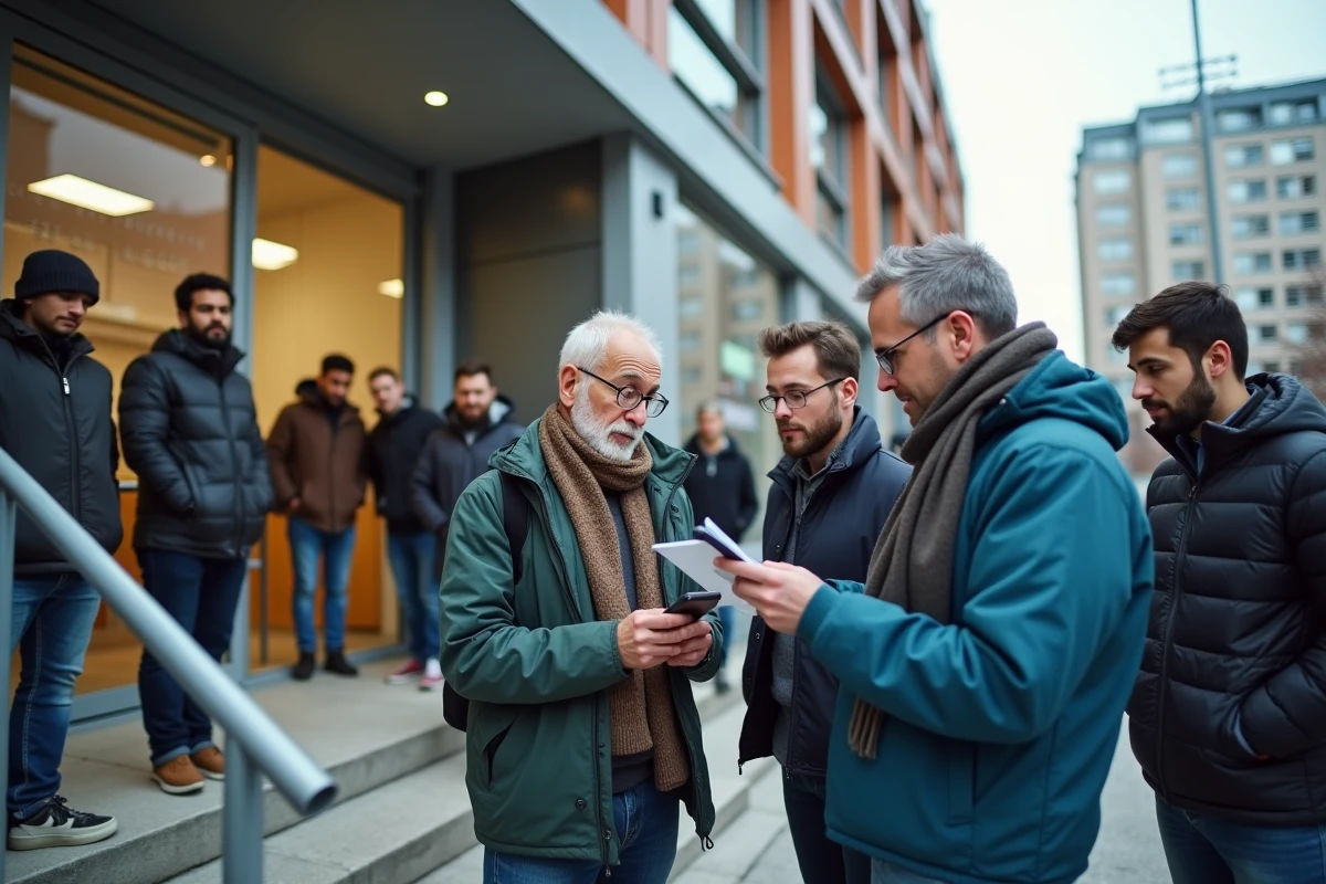 Groupe de personnes devant un bureau de logement social