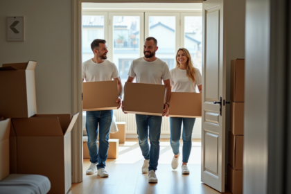 Groupe d'amis déménageant dans un appartement moderne